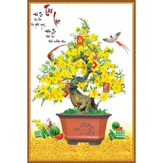 Tranh dán tường 3D chậu mai vàng khổ dọc