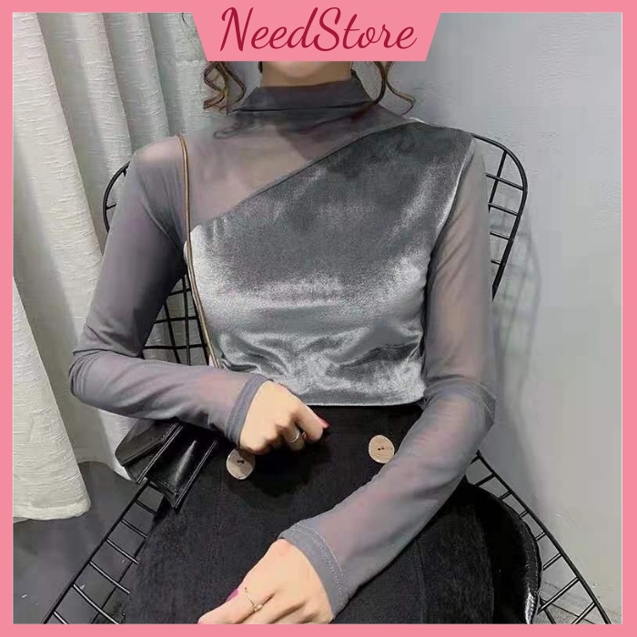 Áo giữ nhiệt nữ cổ tròn chất nhung siêu ấm phối lưới ôm body co giãn sang trọng quý phái phối vest blazer
