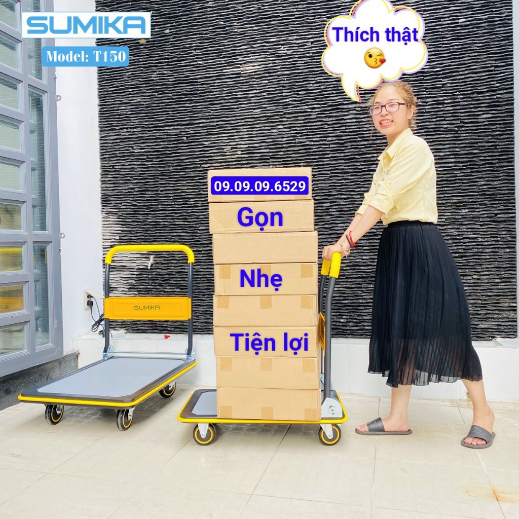 Xe đẩy hàng 4 bánh SUMIKA T150 - Khung thép, tay cầm gấp gọn tiện lơi, tải trọng 150kg TẶNG KÈM 1 KHÓA VẶN ỐC