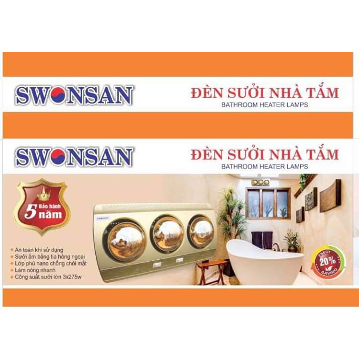 Đèn Sưởi Nhà Tắm Swosan Hàng Việt Nam – 3 Bóng 825w - Bảo Hành 5 Năm