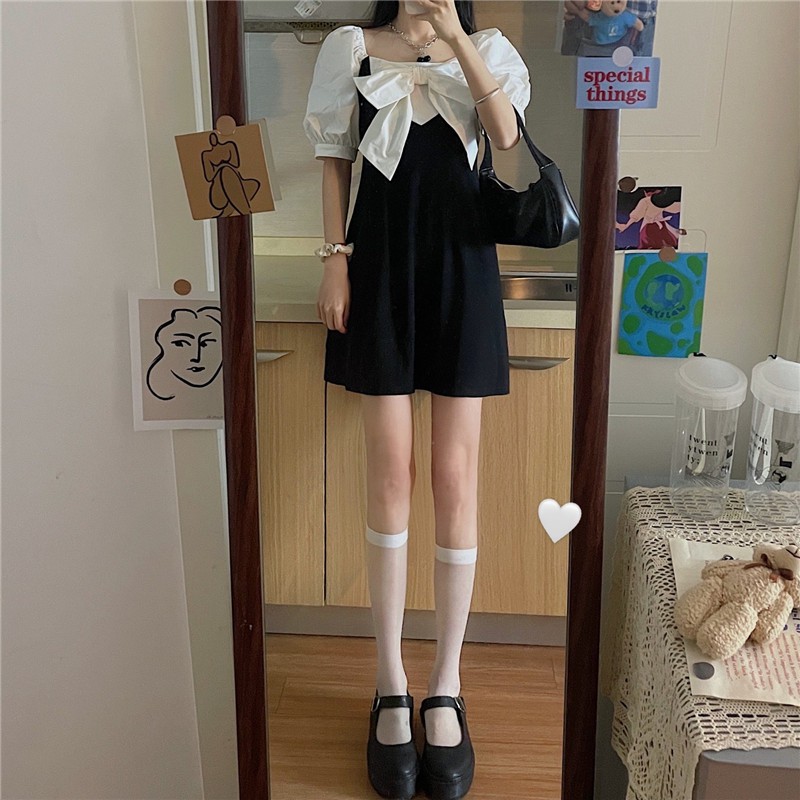 Đầm Tay Phồng Ngắn Cổ Vuông Dáng Rộng Phong Cách Pháp Retro Thời Trang Cho Nữ