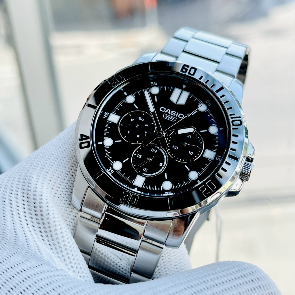 Đồng hồ nam thể thao dây thép Casio MTP VD300D-1E  Mặt đen 6 kim Size 45mm kim dạ quang Bảo hành 1 năm Hyma watch