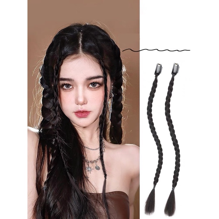 Tóc giả bím kẹp mái 4 màu dạng tết đuôi ngựa dài giá 1 bên