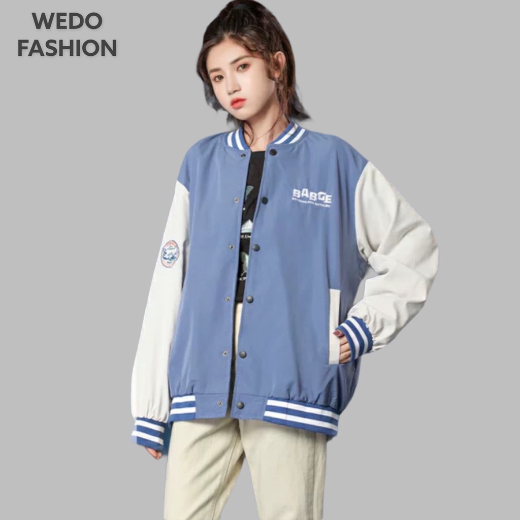 Áo khoác Bomber nữ BABGE, vải dù mero hai lớp cao cấp, logo thêu kèm nút bấm phối màu cá tính WEDO