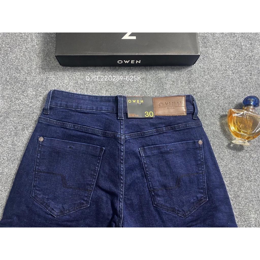 Quần jean nam hàng hiệu Owen QJSL220289 dáng slim fit ống côn màu xanh đậm vải bò denim cotton cao cấp bền đàn hồi tốt