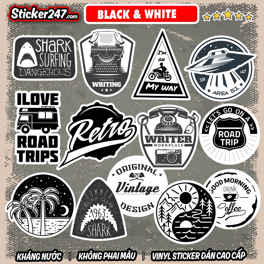 Sticker Trắng Đen Labels Retro 𝑭𝒓𝒆𝒆𝒔𝒉𝒊𝒑 chống nước, sticker dán laptop, điện thoại, đàn guitar, mũ bảo hiểm, vali, ipad