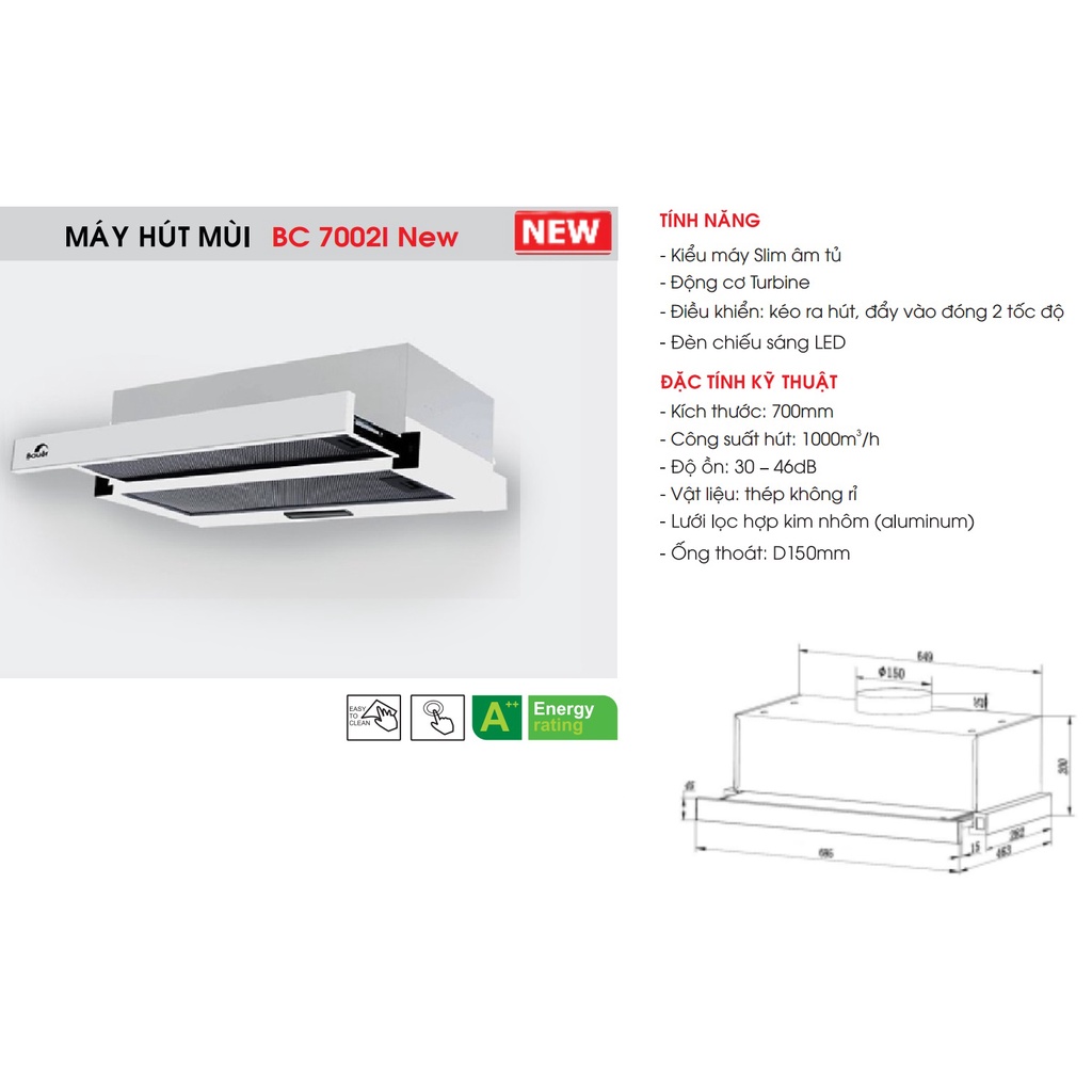 Hút mùi Bauer BC 6002I/7002I / Động cơ siêu khỏe - Máy êm / Hút mùi âm tủ  Bảo hành chính hãng 2 năm