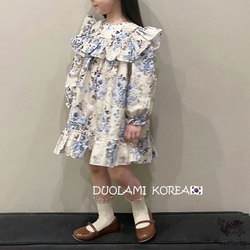 Đầm Công Chúa Tay Dài In Hoa Phối Bèo Kiểu Hàn Quốc Xinh Xắn Cho Bé Gái