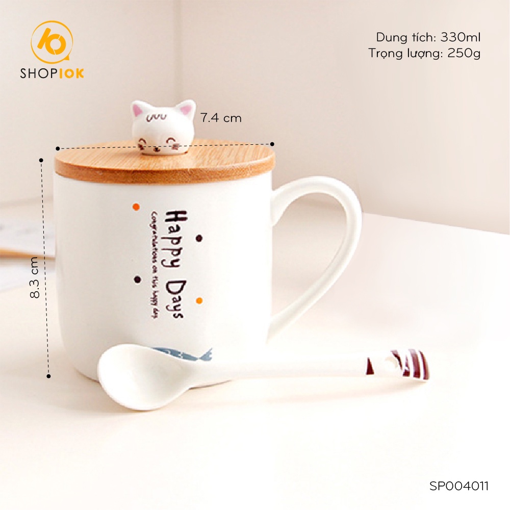 Cốc gốm sứ pha trà cà phê có nắp kèm thìa loại 330ml SHOP10K - SP004011