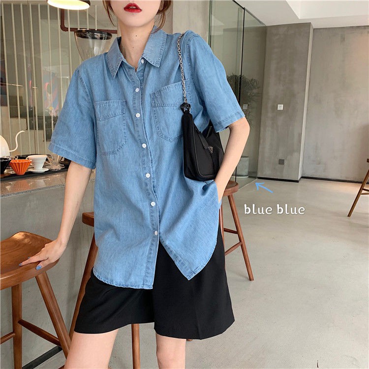 Áo Sơ Mi Denim Form Rộng Phối Túi Phong Cách Hàn Quốc Cho Nữ