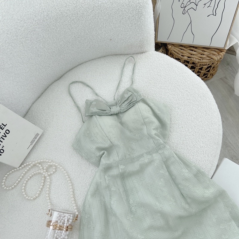 ĐẦM HOA NỔI XANH MINT NƠ NGỰC CHÉO DÂY