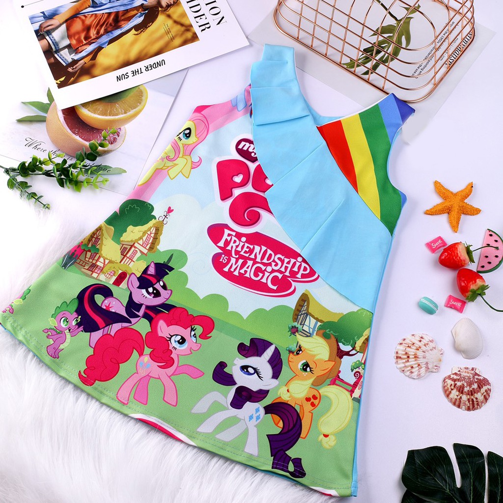 Đầm chữ A in 3D ngựa Pony phối bèo xinh xắn cho bé