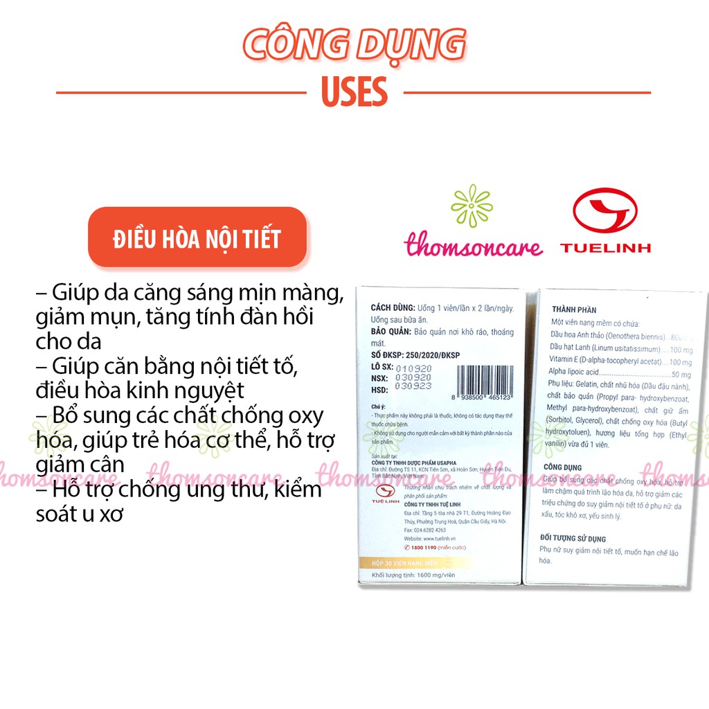 Cân bằng nội tiết, giảm lão hóa từ Dầu hoa anh thảo Oeneva của Dược Tuệ Linh - đẹp da Oen Eva hộp 30 viên