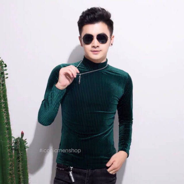 Áo thun nhung nam cổ lọ,sọc gân nổi