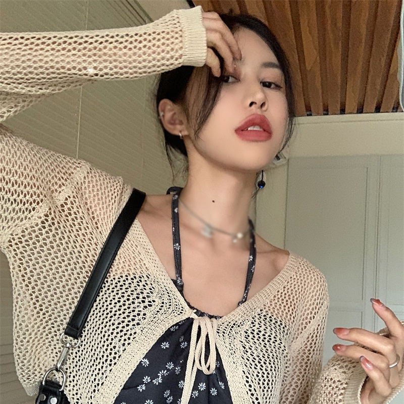 Áo Cardigan Dệt Kim Tay Dài Cổ Chữ V Màu Trơn Phối Ren Thời Trang Mùa Hè Phong Cách Hàn Quốc Cho Nữ