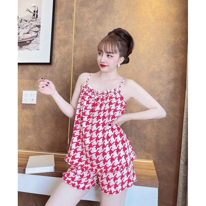 Đồ ngủ 2 dây dễ thương, bộ lụa viền bèo mặc nhà mát