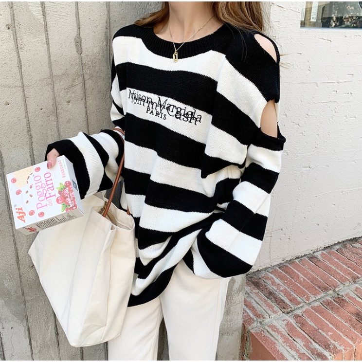 Áo len(freesize) SỌC KẺ Ngang đen trắng hở bắp tay style cá tính Thời Trang Thu Đông Cho Nữ