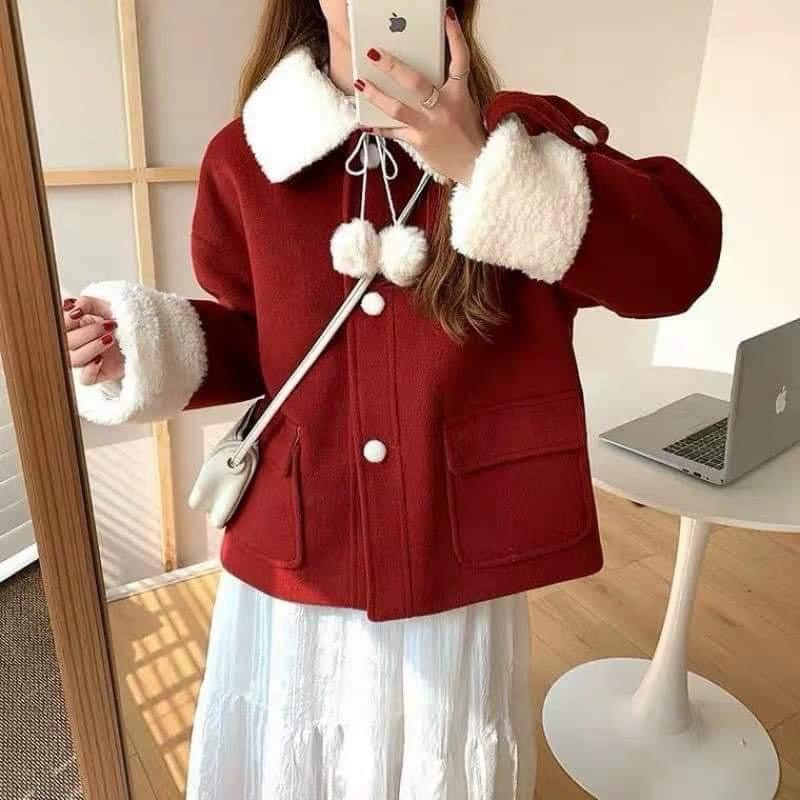 ÁO DẠ ĐỎ 2 LỚP CỔ LÔNG HOT