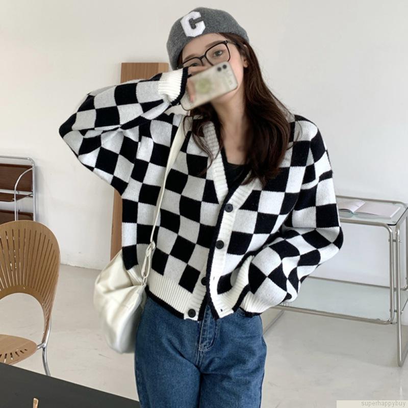 Áo khoác cardigan tay dài cổ chữ V thiết kế dáng rộng thoải mái