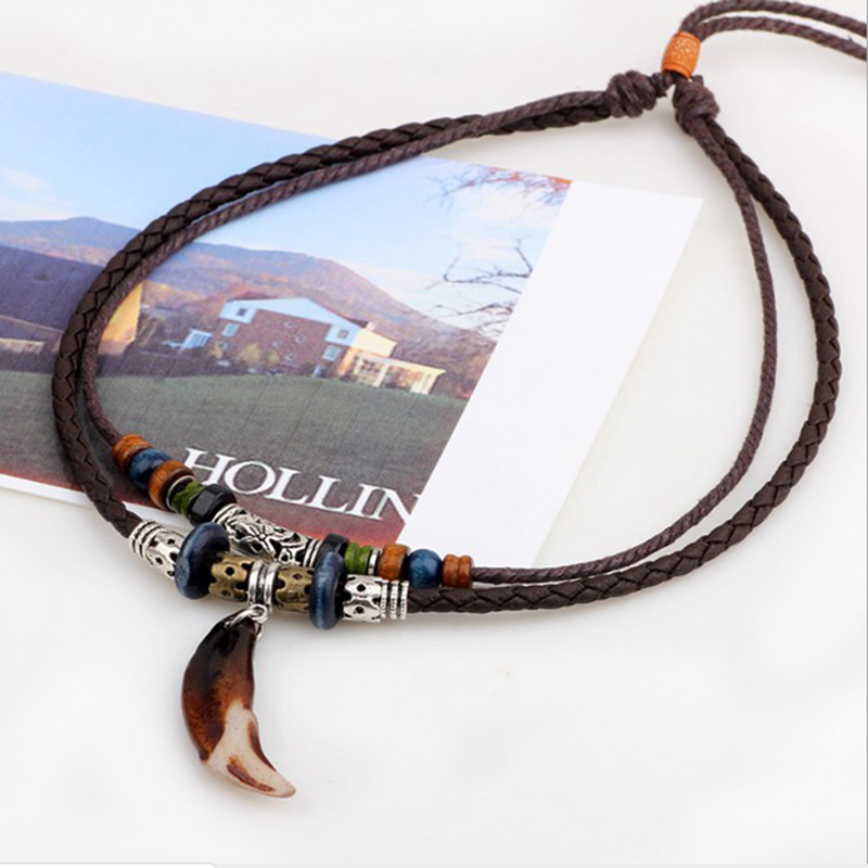 Vòng cổ dây da mặt hình răng sói phong cách bohemia cho nam