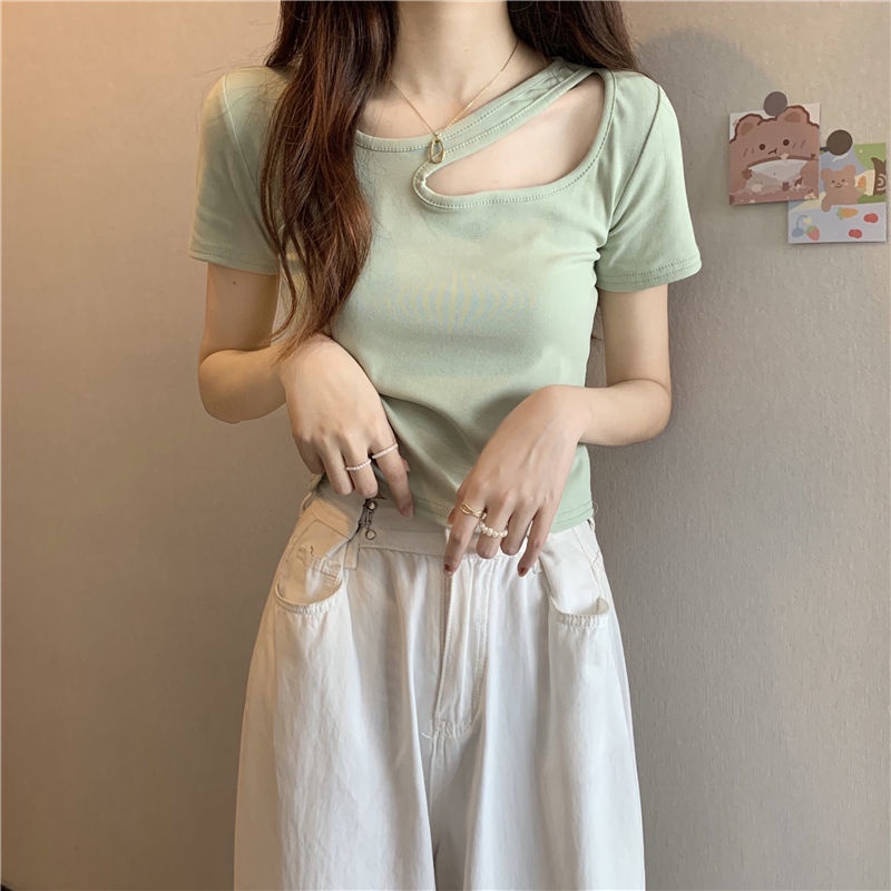 COZOK Áo Thun Tay Ngắn Dáng Ôm Thiết Kế Khoét Lỗ Thời Trang Cá Tính Cho Nữ