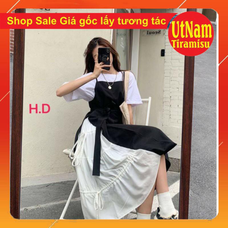 Sét váy 2 dây buộc eo phối váy trắng dáng xòe + áo thun trắng chất tuyết mưa basic nữ | BigBuy360 - bigbuy360.vn