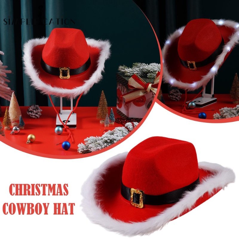 Mũ Cao Bồi Nhung Đỏ Có Đèn LED Phát Sáng Hóa Trang Ông Già Noel / Jazz / Giáng Sinh