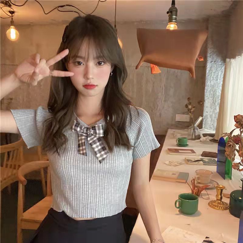 Áo thun bằng vải dệt kim tay ngắn cổ búp bê đính nơ thời trang mùa hè phong cách Hàn Quốc cho nữ VN170