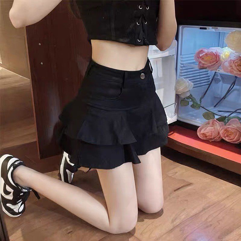 Chân Váy Jean MIRA.CLOSET, Dáng Ngắn Xoè Lưng Cao 2 Tầng C049