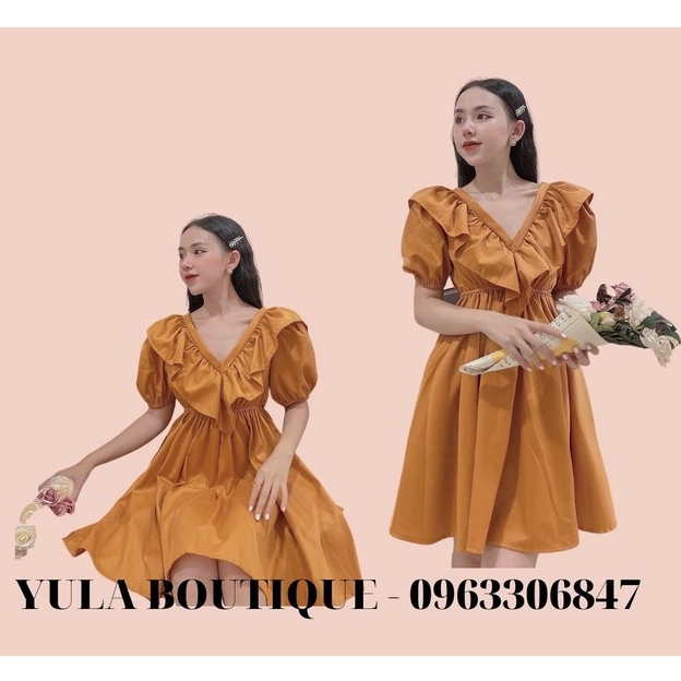 Váy babydoll nữ, tay phồng tiểu thư, bèo cánh tiên, chun eo, có thắt nơ sau | BigBuy360 - bigbuy360.vn