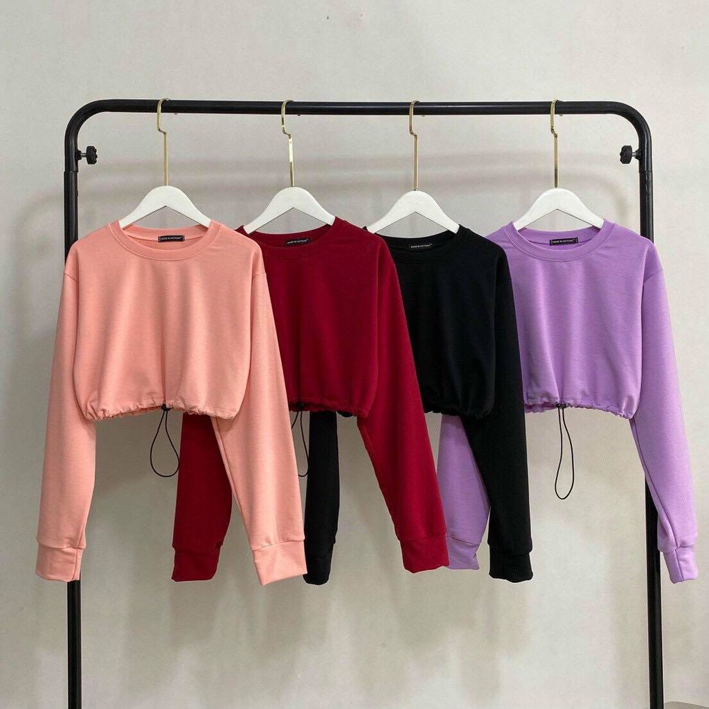 Áo croptop tay dài trơn màu bo eo siêu xinh áo tết áo basic