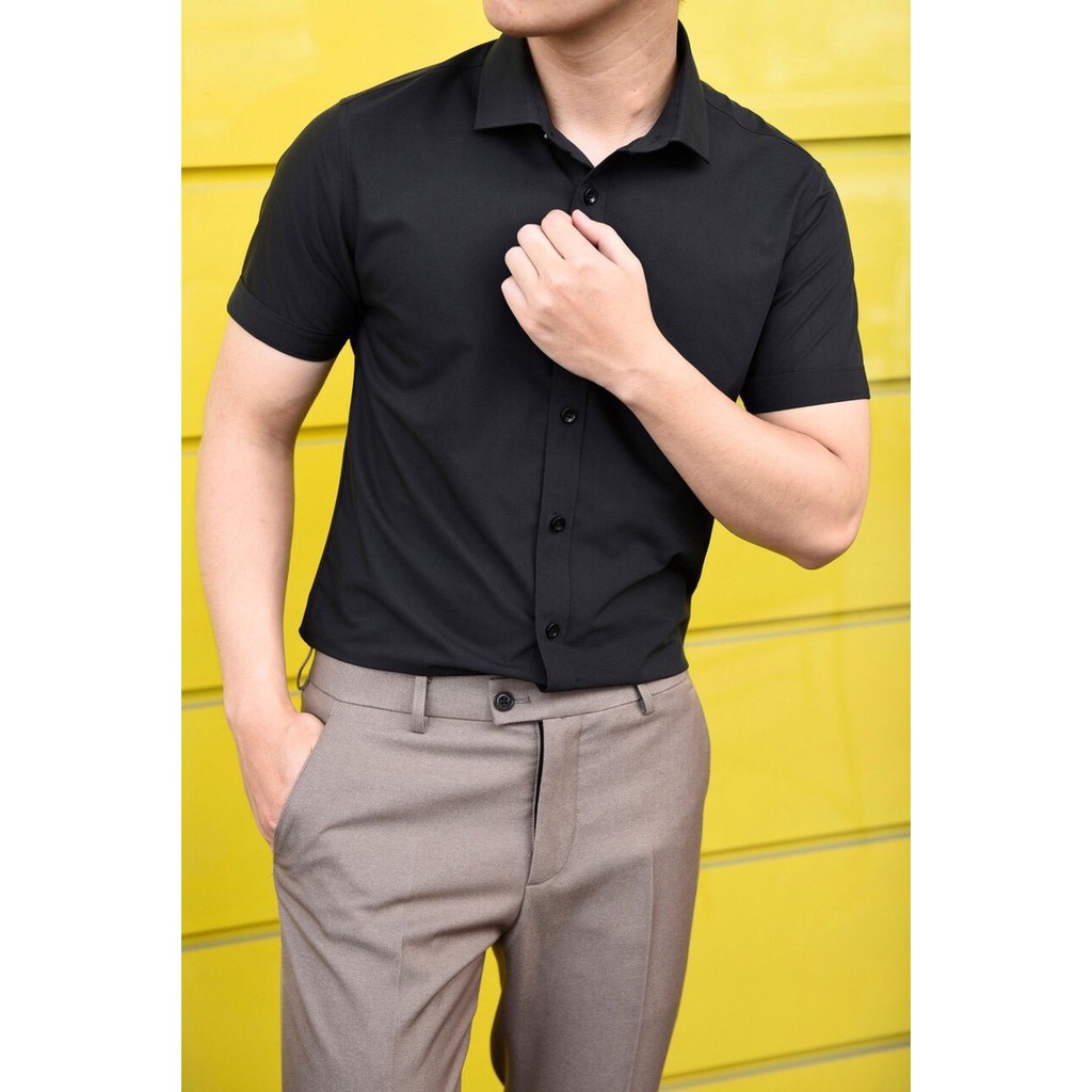 Áo Sơ Mi Lụa Cotton nam Ngắn tay Màu ĐEN (7 Size từ 40kg đến 85kg) - FASHIONQUOCDAI