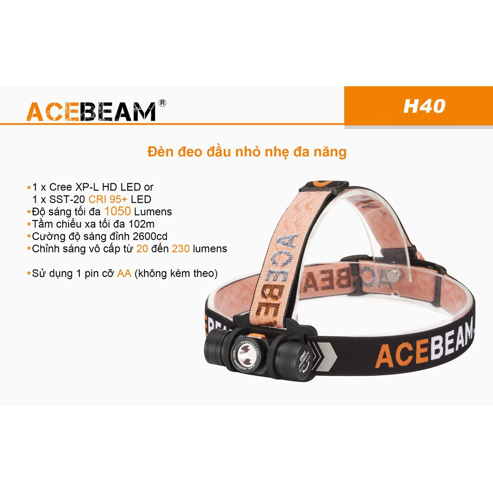 Đèn pin đội đầu ACEBEAM H40 độ sáng 1050lm chiếu xa 102m siêu nhỏ pin 14500 AA (kèm theo) Đèn &amp; Đèn pin