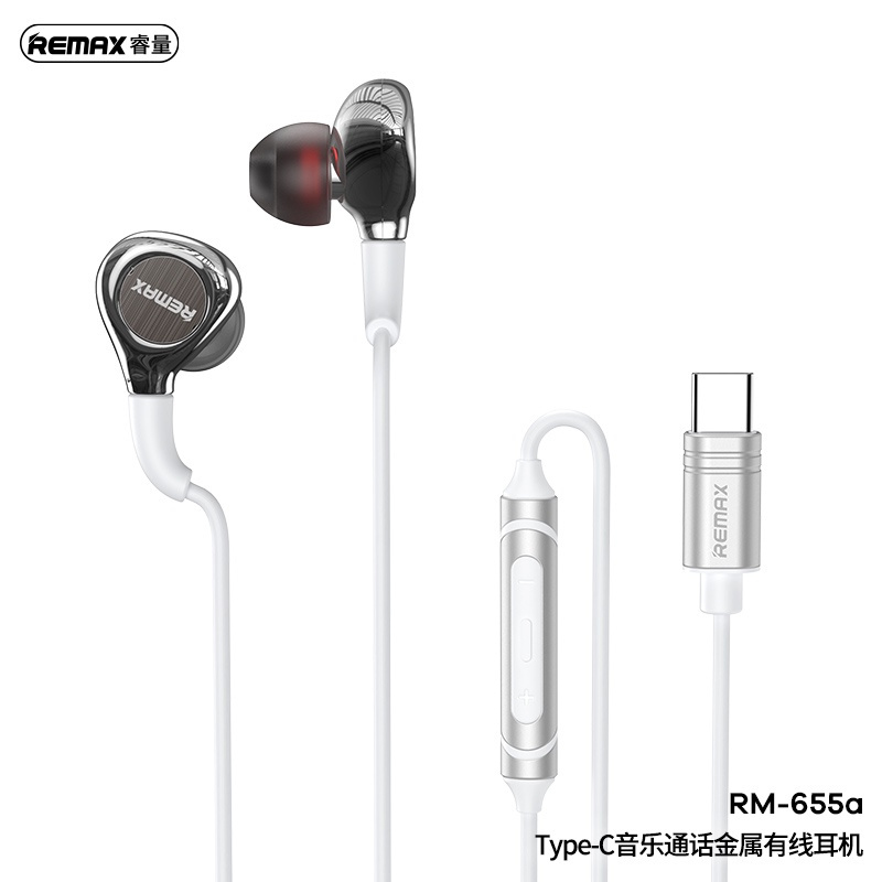 REMAX Iphone &amp;Type-c Music Call Metal Wired Earphone RM-655