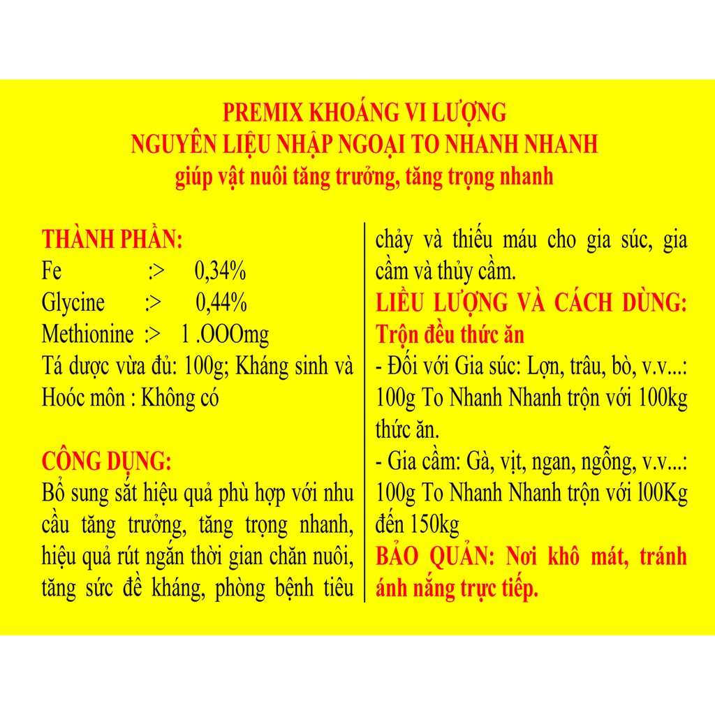 1 gói To nhanh nhanh 100 g Premix khoáng vi lượng dùng tốt cho lợn, trâu bò, gà, vịt, ngan, ngỗng, gà chọi, chim cảnh