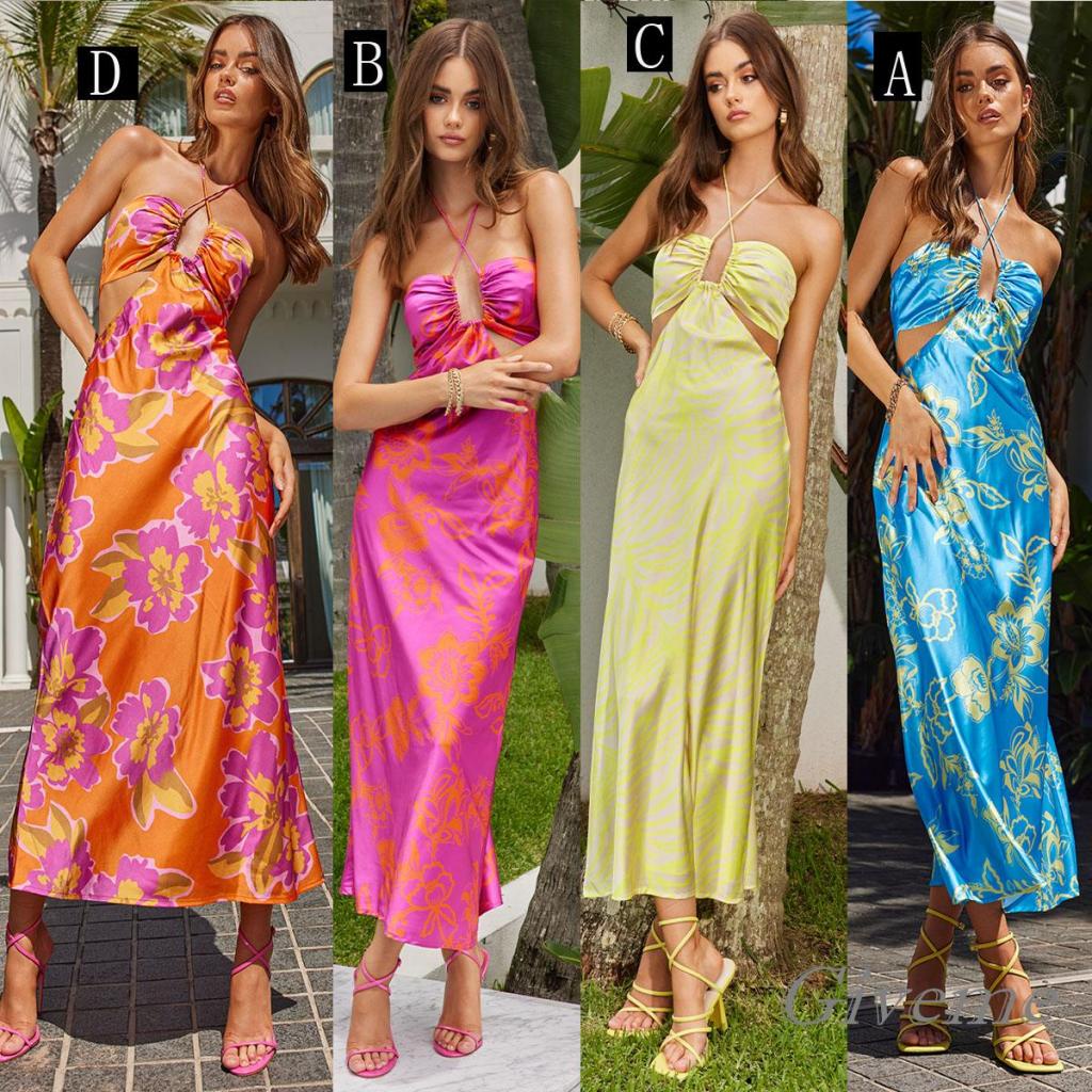 Tặng Váy Nữ Không Tay Buộc Dây Hở Lưng Họa Tiết Ngựa Vằn / Hoa Cắt Xẻ Một Mảnh