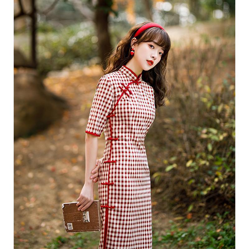 Đầm sườn xám cách tân họa tiết sọc caro phong cách Retro Trung quốc