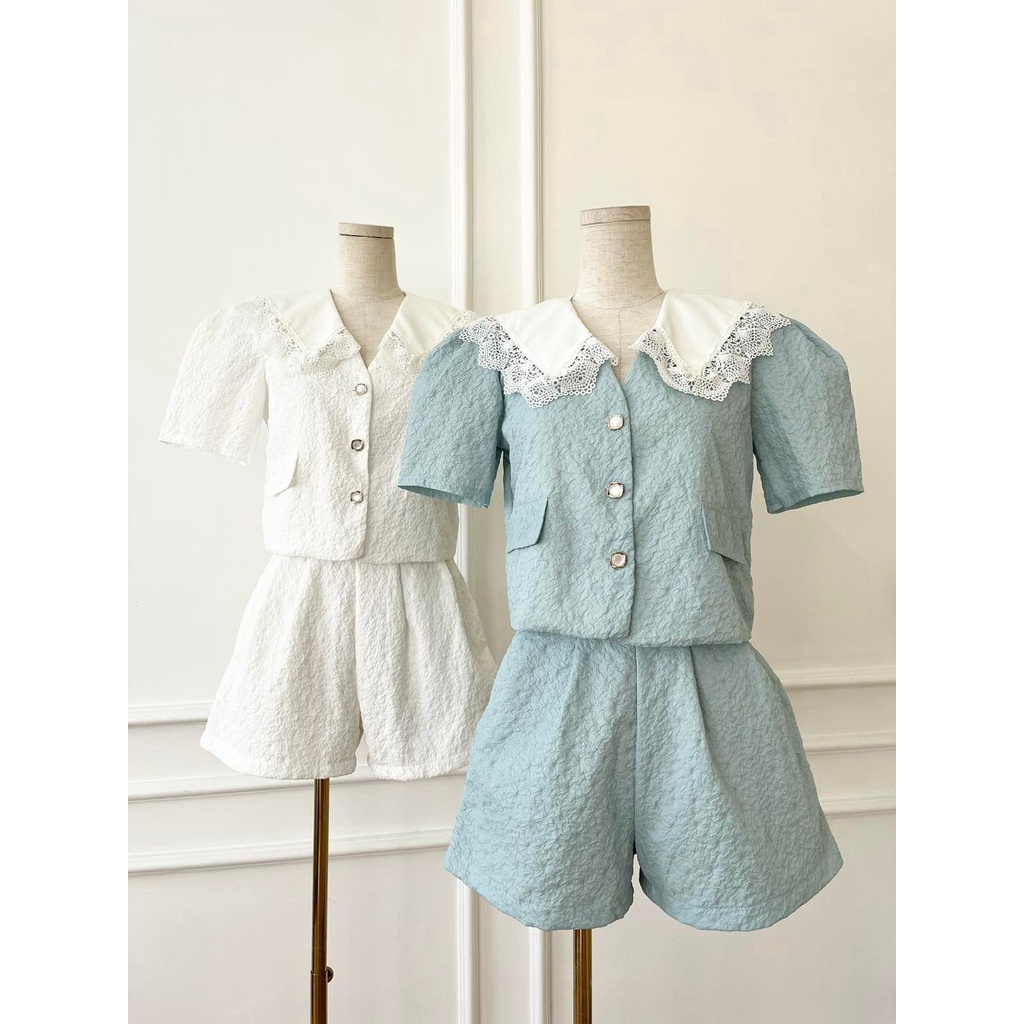 [HÀNG THIẾT KẾ CAO CẤP] Set Xốp Cổ Ren + Quần Short Thoải Mái Mặc Nhà / Đi Biển Màu Trắng / Xanh