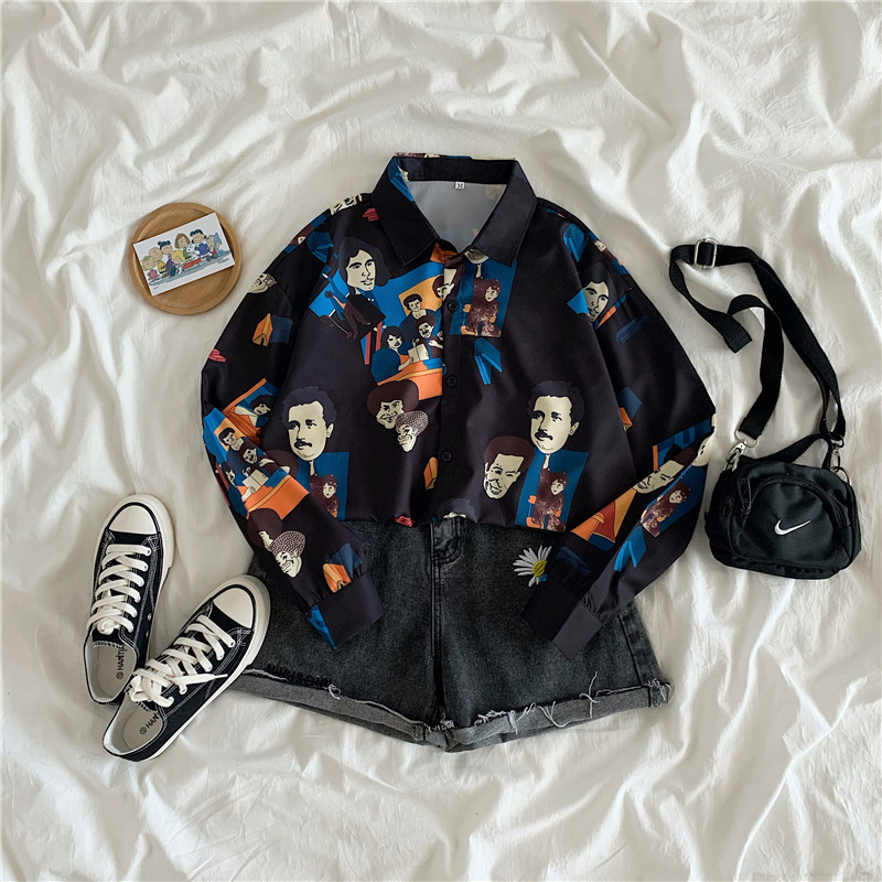 NRVP Áo Sơ Mi Tay Dài Dáng Rộng In Họa Tiết Xinh Xắn Phong Cách Hàn Quốc 2020 Trẻ Trung Cá Tính Cho Nữ