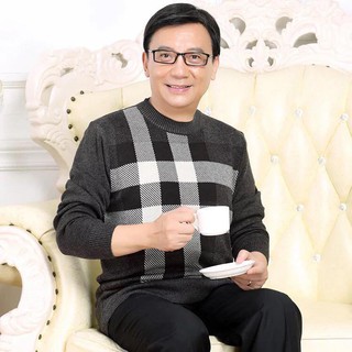 Áo len cho bố - áo len cho người già, trung niên mẫu kẻ to màu ghi đậm