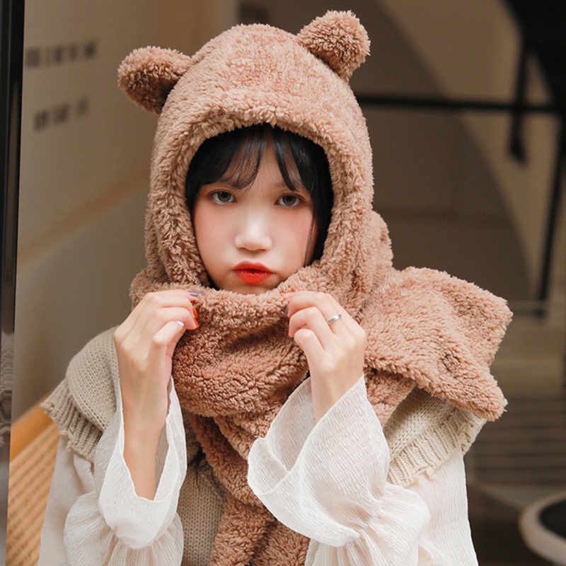 Khăn choàng cổ có mũ trùm đầu màu trơn hình gấu dễ thương phong cách Hàn Quốc