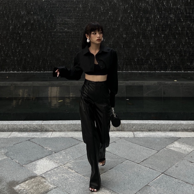 Áo sơ mi croptop tay dài màu Đen - Emily shirt - DEPASS