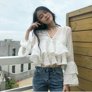(Order/ Video thật) Áo croptop voan chấm bi ulzzang