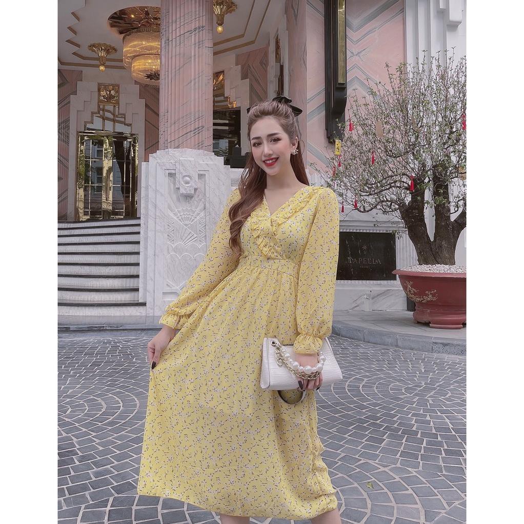 Váy Đầm Nữ Dài Tay Chất Voan 2 Lớp Cổ Bèo Màu Vàng - Chuyên Sỉ & Lẻ  ྇