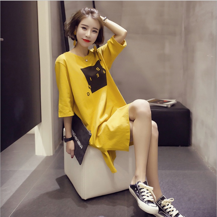 Đầm Suông Dáng Dài Tay Lỡ Váy Suông Nữ Cổ Tròn Xẻ Tà Da105
