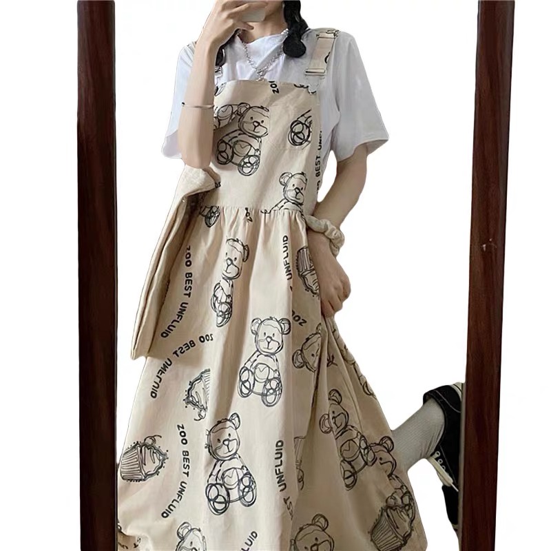 Đầm hai dây họa tiết chú gấu phong cách Hàn Quốc cho nữ