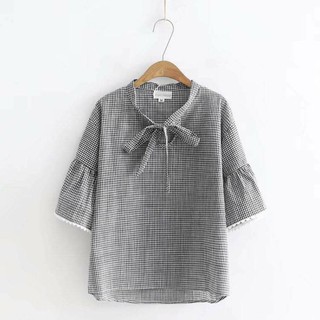 áo kiểu nữ[freeship]áo kẻ caro cổ buộc nơ