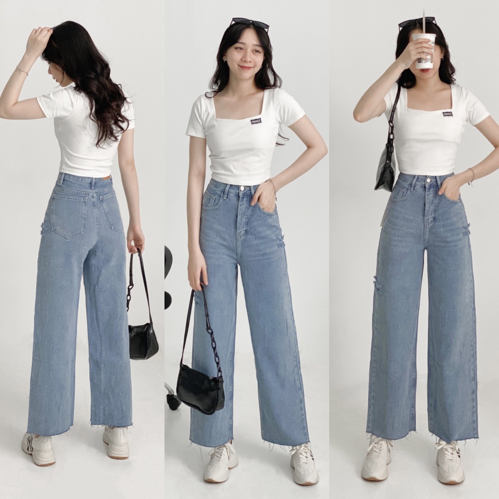 Quần jean ống rộng xước bên lai cắt, quần bò nữ thời trang ulzzang Hàn Quốc VM STYLE 21QJR11AS1102