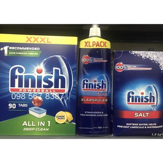 Viên rửa bát finish All in one 90 viên+Nước làm bóng finish 1150ml+Muối rửa bát chén finish 1.2kg cho Máy rửa b