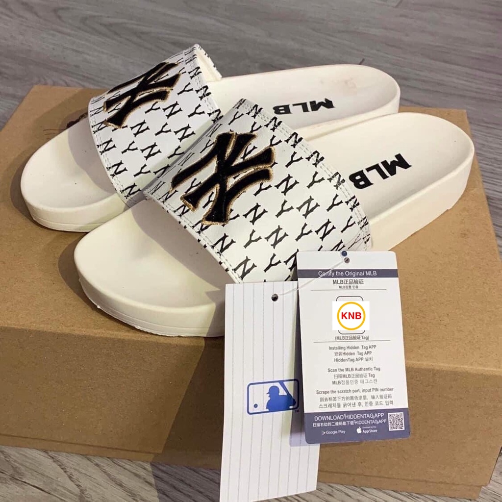 Dép 𝐌𝐋𝐁 UNISEX mẫu dép thể thao ❤️ Freeship + Hộp ❤️ Dép NY bóng chày quai ngang nam nữ chữ thêu nỗi kèm mác trắng đen